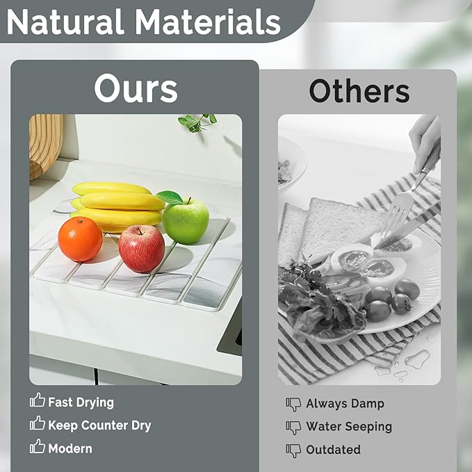 Small Stone Dish Drying Mat for Kitchen Counter, 2 PCS 16"×12" & 8"x4" Quick Dry Stone Mats, Foldable Water Absorbing Diatomaceous Earth Drying Dish Pad for Countertop Bottle Utensil Cup(White Gray)