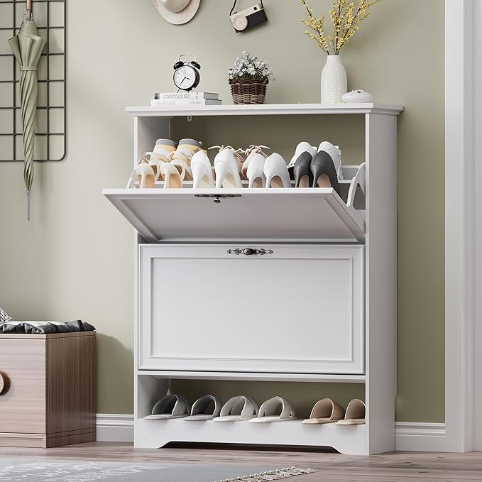 Shoe Cabinet for Entryway, Slim Shoe Storage Cabinet with Adjustable Shelves, Wooden Rack and Organizer for Small Spaces, Closet, Foyer, Hallway