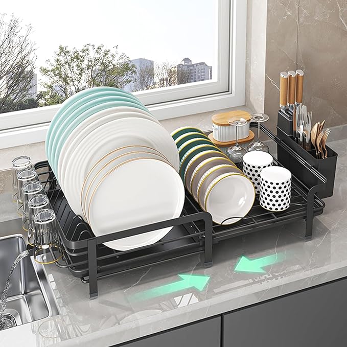 Large Dish Drying Rack with Drainboard,Expandable Dish Rack for Kitchen Counter, Utensil Holder & Cup Hooks,Rustproof Stainless Steel Drying Dish Rack 23.6’’L x 12.6’’W,Black
