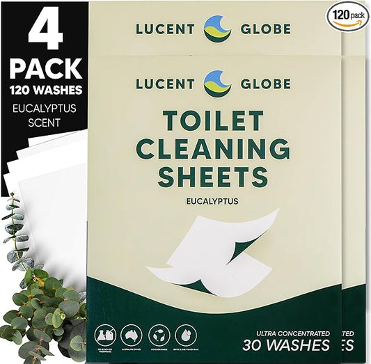 Lucent Globe Toilet Cleaning Sheets | Strips - Tough on Dirt & Stains - Safe for Toilets & Septic Systems - Convenient and Travel Friendly Toilet Bowl Cleaner - Fresh Eucalyptus Fragrance (4 Pack)