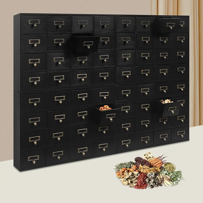 4PCS Card Catalog Desk Drawer Organizer,Wooden Vintage Apothecary Cabinet with 16 Drawers,Library Card Catalog Cabinet for Bedroom Home Office