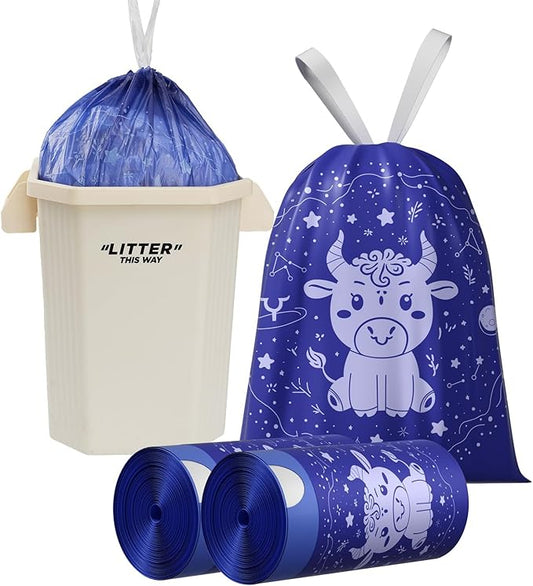 VOK 8 Gallon Trash Bags Drawstring, Medium Trash Bags for Office, Kitchen, Bedroom Trash Cans, Colored Portable Sturdy Garbage Bags 8 Gallon with Cute Cow Printed, 60 Counts