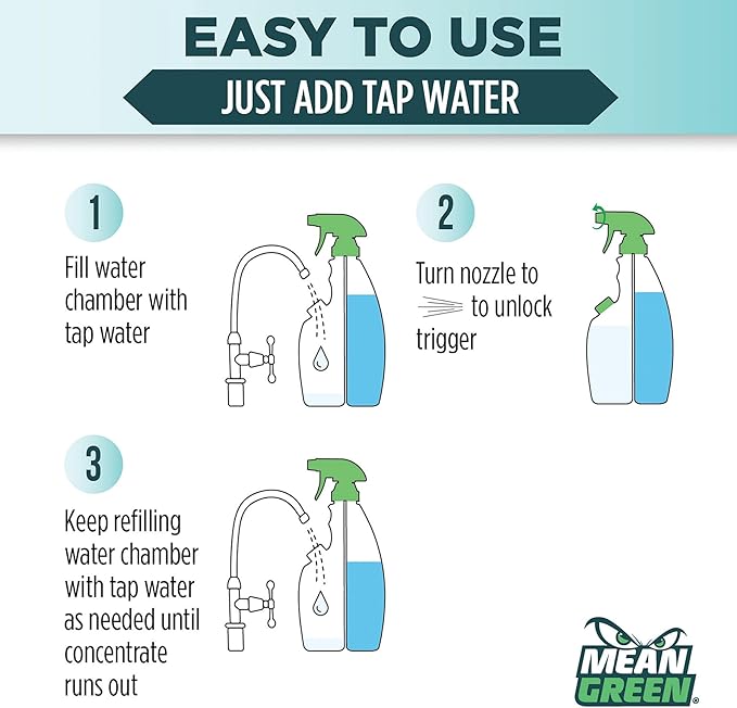 Mean Green Refillable Ultra Powered Glass Cleaner Concentrate, Fresh Scent, 14.3 fl oz (2-Pack) – Plant & Mineral Based, Streak-Free Shine, Refillable Bottle Makes 4X Refills