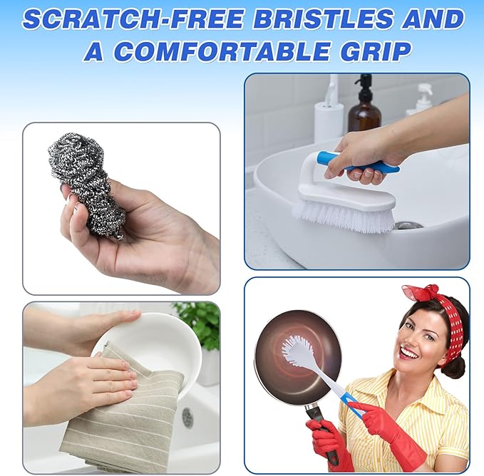 Hsei 12 Pcs Heavy Duty Scrub Brush Kit, Bathroom Bathtub Scrubber, Hard Bristle Cleaning Brush with Ergonomic Handle and Durable Bristles for Cleaning Carpet Kitchen Pots, Pans and Sinks