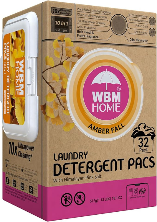 WBM Laundry Detergent Pods, 32 Count | Amber Fall Fragrance | 10 in 1 Laundry pods Detergent Ultra Power Cleaning with Plant-Based Scent, Extra Protection With 4D Stain Remover