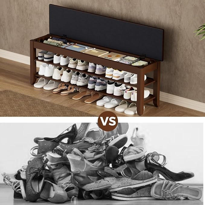 Shoe Rack Bench with Flip-Top Storage, Solid Wood Entryway Bench with Cushion, Adjustable Shelf, for Hallway, Mudroom, Closet – Walnut, 47.2"