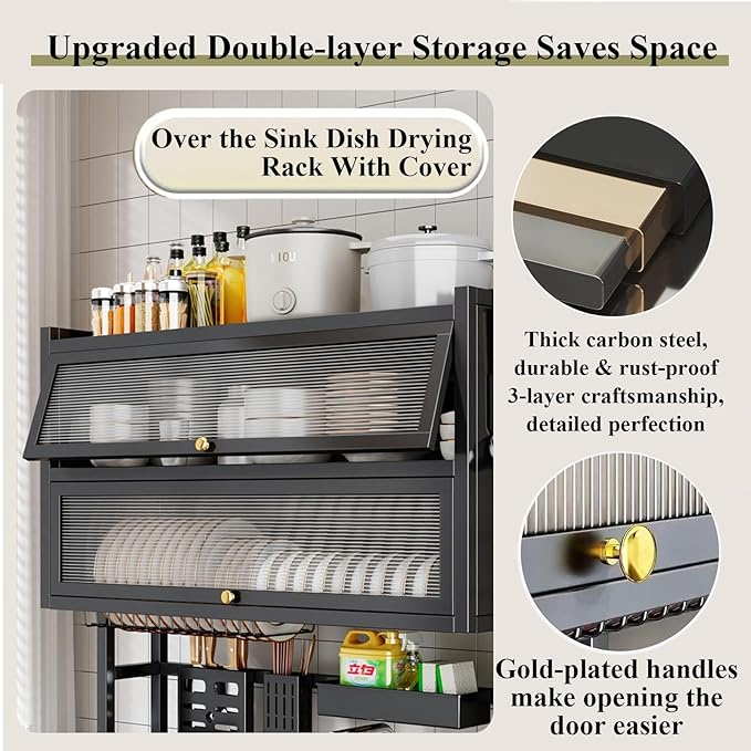 Over The Sink Dish Drying Rack Space-Saving 3 Tier with Cover Dish Rack with Dustproof Cover and Knife Holder Large Capacity Kitchen Organizer for Plates, Bowls, and Pots(White,75cm)