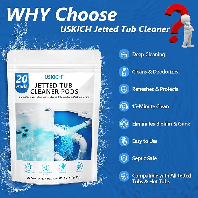 USKICH 20 Pods Jetted Tub Cleaner Bathtub- Jet Bathtub Cleaner,Jetted Tub Cleaning Solution Compatible with Spa Bath & Whirlpool,Septic Safe Bath Jet Scale and Residue Remover