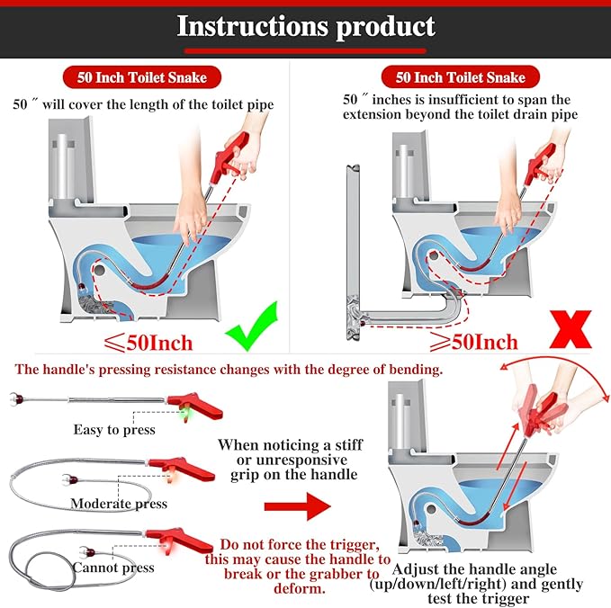 50 Inch Toilet Snake Drain Auger Cleaner Tool, Upgraded Grabber Unclogger Tool, Toilet Auger Clog Remover Tool, Stainless Steel Telescoping Rod for Pick/Grab Objects Clogged in Toilet Pipes/Drain