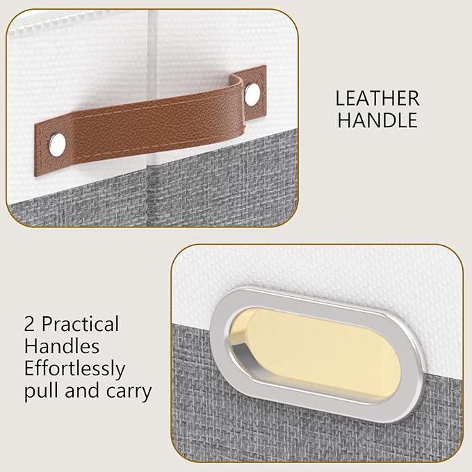 Yawinhe Fabric Storage Baskets, Foldable Closet Organizer for Shelves, Large Boxes with 3 Handles, Canvas Bins for Clothes, White/Grey, 12.99''Lx9.05''Wx7.87''H, 6-Pack