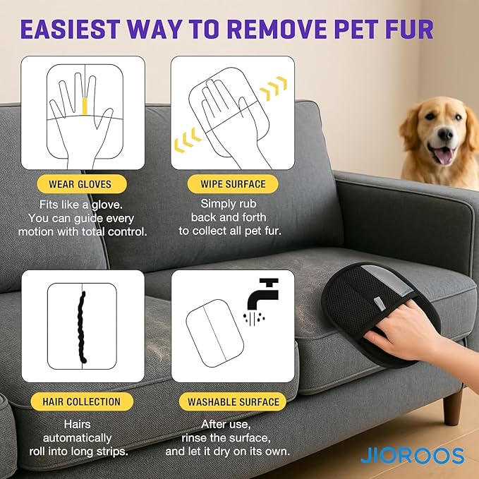 Pet Hair Removal Glove for Cats & Dogs, Upgraded Electrostatic Reusable Pet Hair Remover Tool, Magic Fur Removal Mitt for Laundry, Couch, Carpet, Car Seat, Pet Grooming Gloves (1)