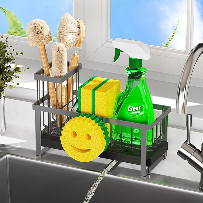 Sponge Holder for Kitchen Sink,Sink Caddy with Removable Dish Brush Holder,Self-Draining Kitchen Countertop Organizers and Storage Essentials,Soap Dispenser Organize and Home Decor-Gray