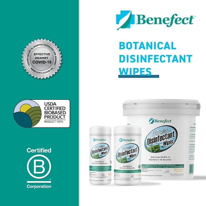 Benefect Botanical Disinfecting Wipes - (170 Wipe Count) Natural, No Residue - Antibacterial Disinfectant, Multi-Surface Cleaning and Sanitizing Wipes