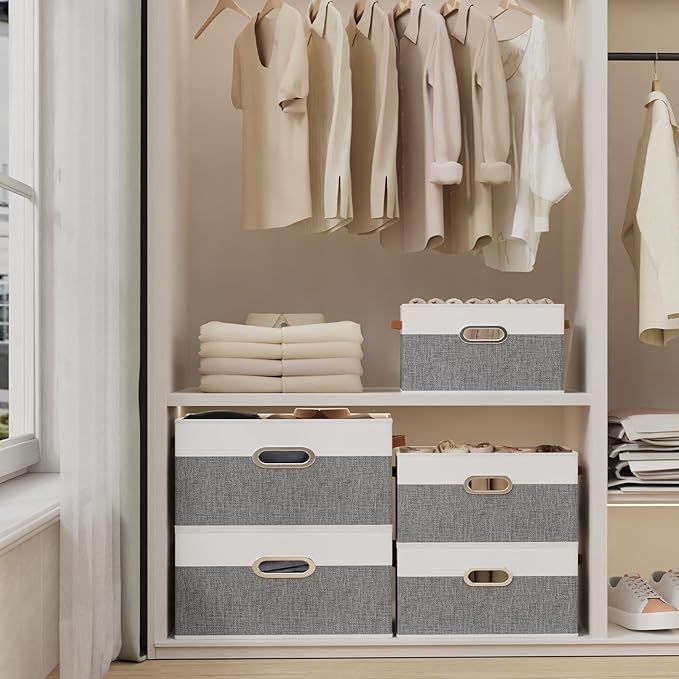 Yawinhe Foldable Storage Baskets for Shelves, Fabric Closet Organizers, Bins with 3 Handles, Cubes for Clothes, White/Grey, 15''Lx9.8''Wx8.3''H, 4-Pack