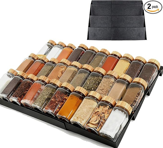 Spice Drawer Organizer, 4 Tier- 2 Pack Drawer Seasoning Organizer, Expandable From 11.8" to 24" Kitchen Spice Rack Tray, Black Spice Jar Organization Insert for Cabinet (Jars Not Included)
