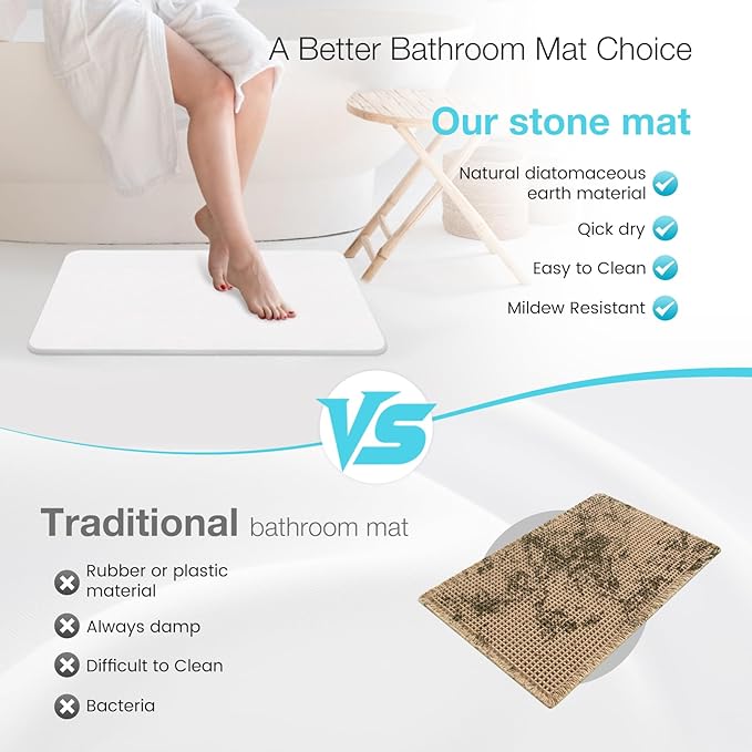 Diatomite Stone Bath Mat, Premium Non-Slip Natural Diatomaceous Earth Bathtub Fast Drying Mats for Bathroom Floor (23.6" x 15.4" White)