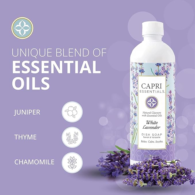 CAPRI ESSENTIALS Dish Soap Liquid, Natural Household Cleaning, Plant Based Aromatic Dish Detergent, Blend of Essential Oils with Juniper & Chamomile, White Lavender, 16 FL Oz (2 Pack)