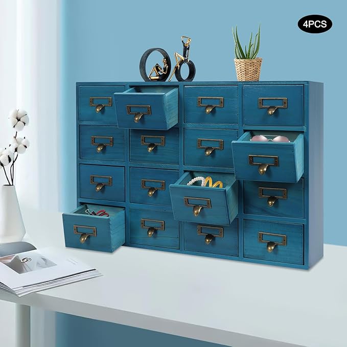 4PCS Card Catalog Desk Drawer Organizer,Wooden Vintage Apothecary Cabinet with 16 Drawers,Library Card Catalog Cabinet for Bedroom Home Office