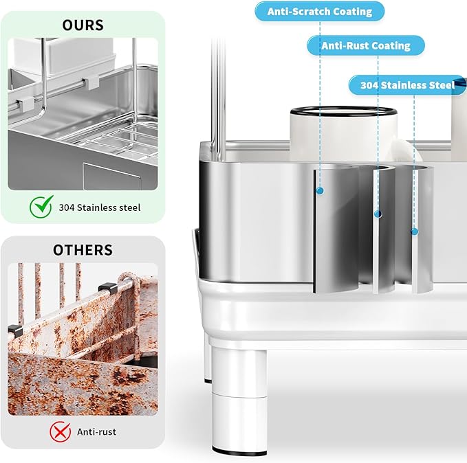 Large Dish Drying Rack, 304 Stainless Steel Dish Racks for Kitchen Counter, Automatic Drainage Spout, Rustproof Kitchen Dish Drainers with Drainboard, Utensil Holder & Glass Holder, White