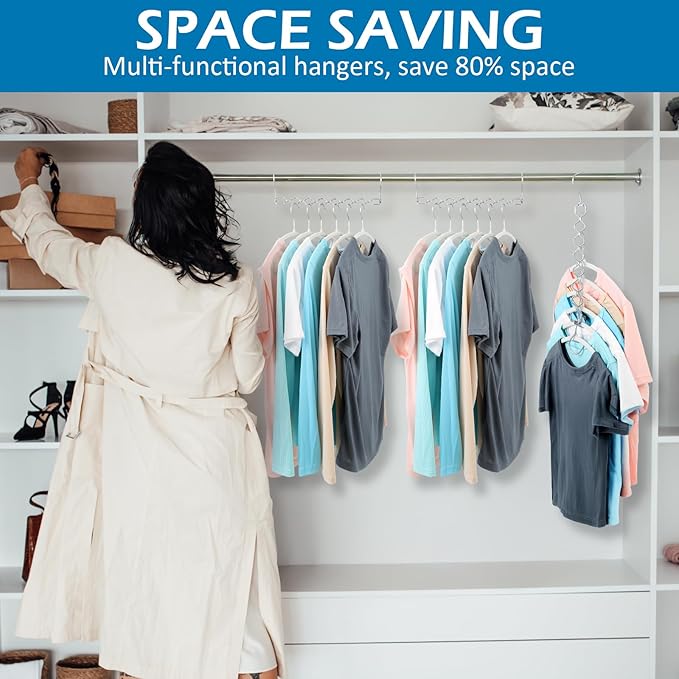 10 Pack Space Saving Hangers for Clothes, Heavy Duty 30Lbs Capacity Magic Collapsible Clothes Space Saver Metal Hanger Organizer with 360° Swivel Hook, Closet Organizers Storage Dorm Essentials Silver