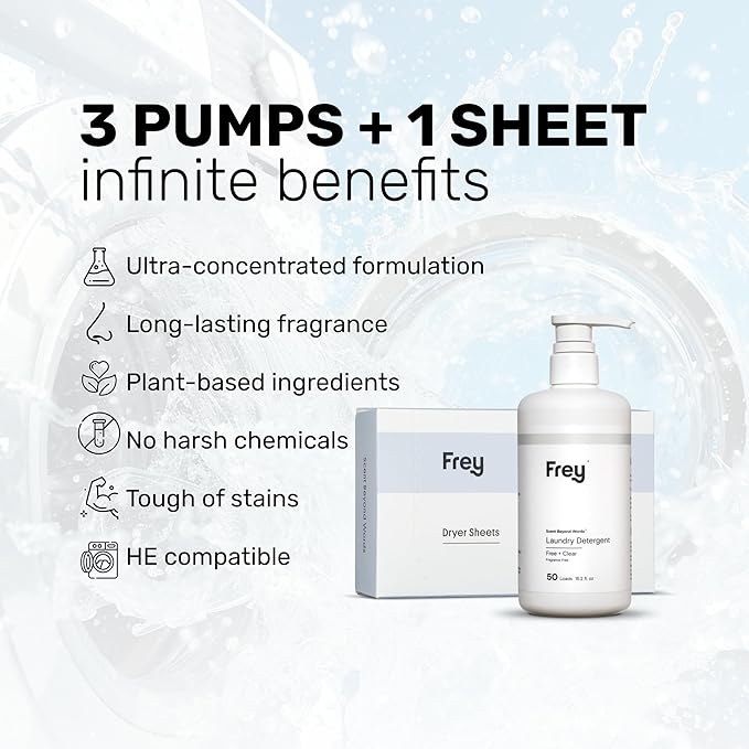 FREY Classic Laundry Bundle – Concentrated Liquid Detergent (Up to 50 Loads) + Dryer Sheets (30 Sheets) – Plant-Derived Formulation, HE Compatible (Fragrance Free)