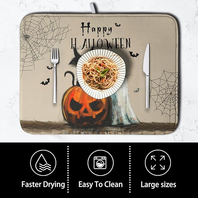 Happy Halloween Dish Drying Mat for Dishs 18x24 Inch Halloween Pumpkin Ghost Black Cat Kitchen Drying Mat Spooky Spiderweb Holiday Dish Drainer Mat Super Absorbent Dish Rack Pad for Coffee Bar Sinks