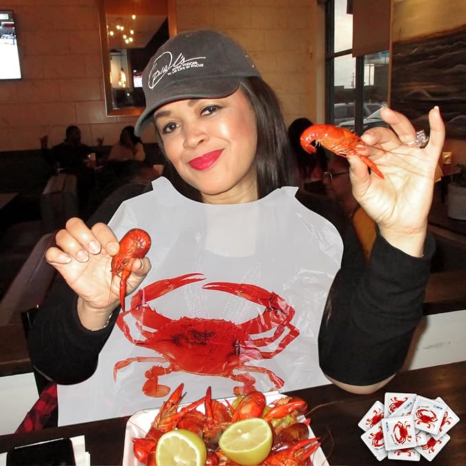 Nonley 60/100 Pack Crab Bib + Wet Wipe Set, Disposable Plastic Crawfish Bibs for Adults Seafood Boil Party Supplies