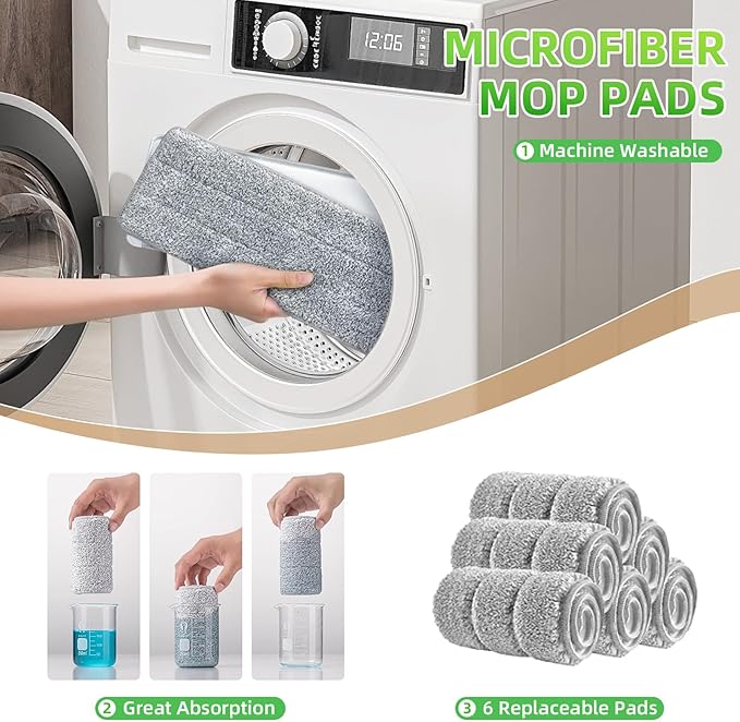 Wall Mop and Bucket Set: Wringing Wall Scrubber for Bathroom Cleaning Floor Mop with Spinner for Kitchen Lovely Gift for Women 6 Reusable Pads