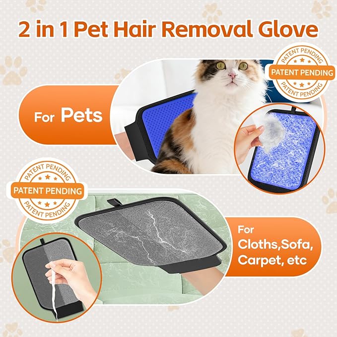 2 in 1 Pet Hair Removal Glove, Upgraded Pet Hair Remover Tool with Wrist Strap, Gentle Shedding Silicone Brushes for Dogs & Cats, Efficient Pet Hair Gloves for Couch Carpet Clothing (Blue)