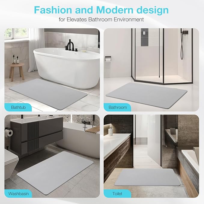 Large Diatomite Stone Bath Mat, Premium Non-Slip Natural Diatomaceous Earth Bathtub Fast Drying Mats for Bathroom Floor (30" x 17" Light Grey)