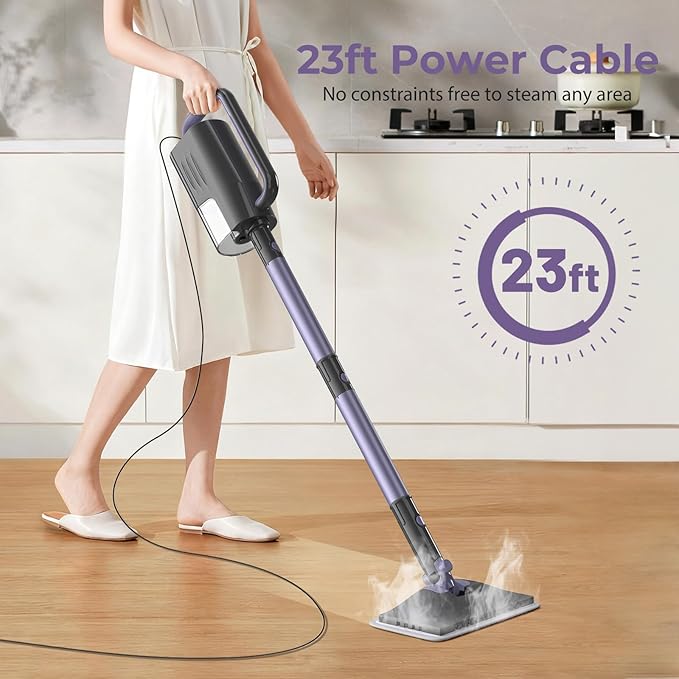 Steam Mop Cleaner with Detachable Handheld Steamer, 6-in-1 Multi Accessories, Removable Water Tank, 23FT Power Cable, Lightweight, Steam Cleaner for sealed Hard Floors (Dark purple)