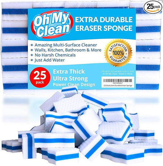 (25 Pack) Extra Durable Eraser Sponge - Extra Thick, Long Lasting, Premium Melamine Sponges in Bulk - Multi-Purpose Power Scrubber - Bathroom, Kitchen, Floor, Bathtub, Toilet, Baseboard, Wall Cleaner