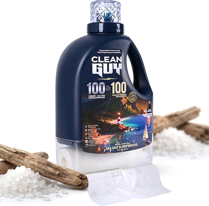 Clean Guy Laundry Detergent with Dryer Sheets | Ocean Fresh Scent, Deep Clean Formula, Softens & Freshens Clothes, Long-Lasting Freshness -Sea salt & Driftwood (100 Loads PLUS 100 Dryer Sheets)