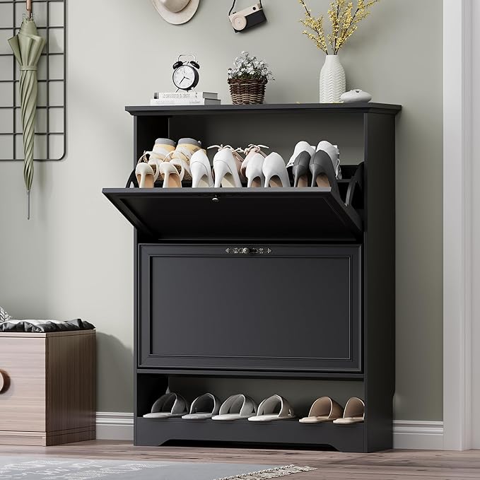 Shoe Cabinet for Entryway, Slim Shoe Storage Cabinet with Adjustable Shelves, Wooden Rack and Organizer for Small Spaces, Closet, Foyer, Hallway