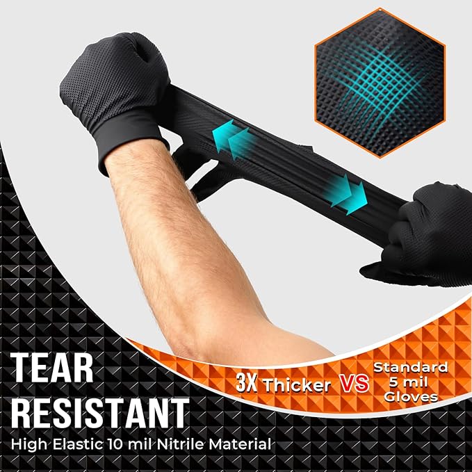 10 Mil Diamond Textured Nitrile Gloves, Heavy Duty Disposable, Extra Thick, Latex & Powder Free, Chemical and Puncture Resistant, Ideal for Auto Repair, Cleaning, Painting, X-Large