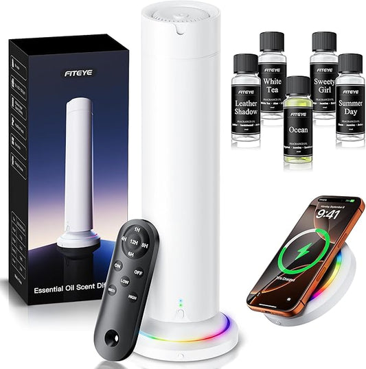 Waterless Scent Diffuser Kit Include 5x20ml Essential Oils, Essential Oil Diffuser for Home, Hotel & Office, APP&Remote Control, Quiet Operation, Pets and Kids Friendly, Max Coverage 1500 Sq Ft, White