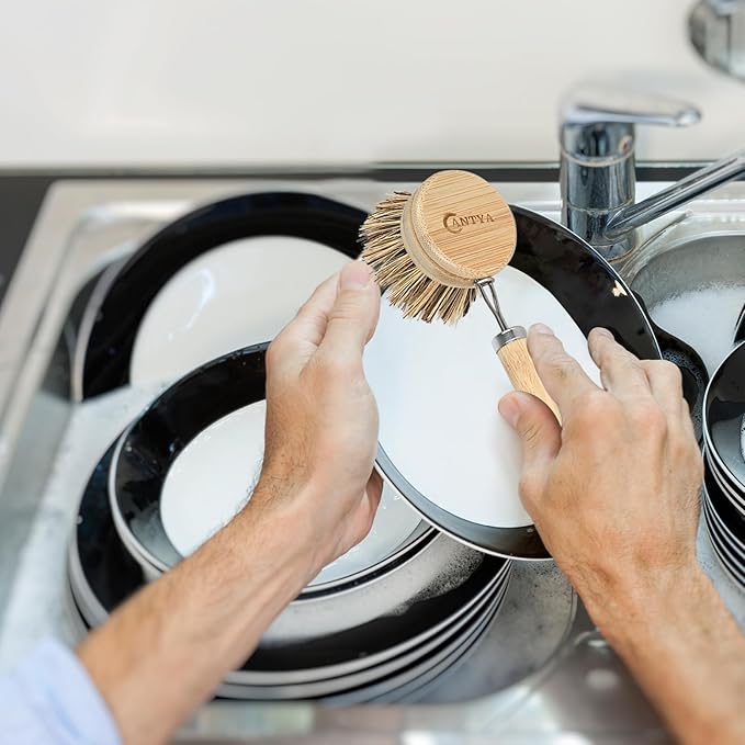 Bamboo Dish Scrubber with Handle - Hard Bristle, Natural Dish Brush, Sustainable & Biodegradable, Kitchen Scrub Brush for Dishes, Iron POTS, Baking Trays, Barbecue Grills