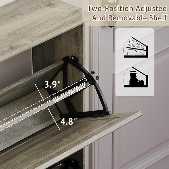 Large Shoe Cabinet for Entryway, 4 Flip Drawer Organizer with Adjustable Shelves, Wooden Slim Shoe Storage Cabinet and Rack for Closet, Hallway, Foyer