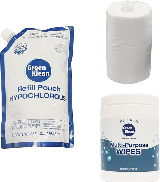 Hypochlorous Acid Wipes Starter Kit – 100 Count Dry Wipes with 32 oz Organic HOCl Cleaning Solution– Disinfecting Wipes for Skin, Baby, Pet & Home in a Reusable Container