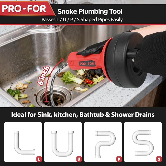 Drain Auger, 16.4FT Plumbing Snake Drain Clog Remover, Manual & Drill Powered Drain Snake for 0.75–2 Inch Pipes, Sink, Shower, Bathtub, Toilet, Kitchen Drain Cleaner Tool with Steel Cable