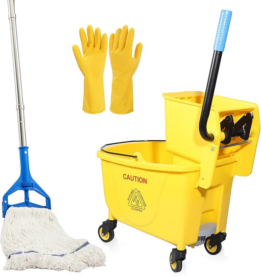 35QT Side-Press Mop Bucket and Wringer Combo on Wheels, Yellow,Including One Heavy Duty Industrial Mop and One Set Large Rubber Cleaning Gloves