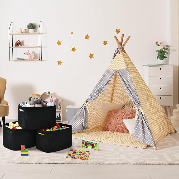 Storage Basket, Woven and Cotton Rope Baskets for Organizing, Decorative Book, Towel, Toy Baskets or Storage Bins for Living Room - 3 Pack, Black