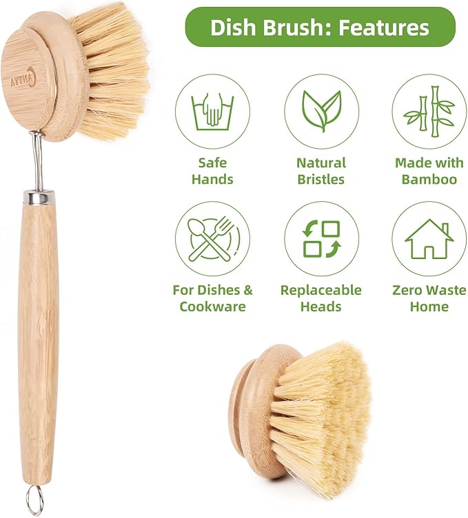 Bamboo Scrub Brush with Handle - Soft Bristles, Non Toxic Dish Brush, Compostable & Biodegradable, Bamboo Dish Scrubber for Cookware, Bowls and Plates, Non-Stick Pans