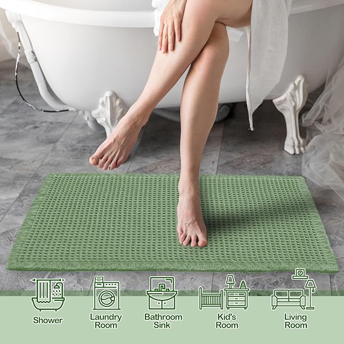 ZALL Waffle Bath Mat,Super Absorbent Non Slip Bathroom Rug,Sage Green 24x36inch,Machine Washable Ultra Soft Floor Mats