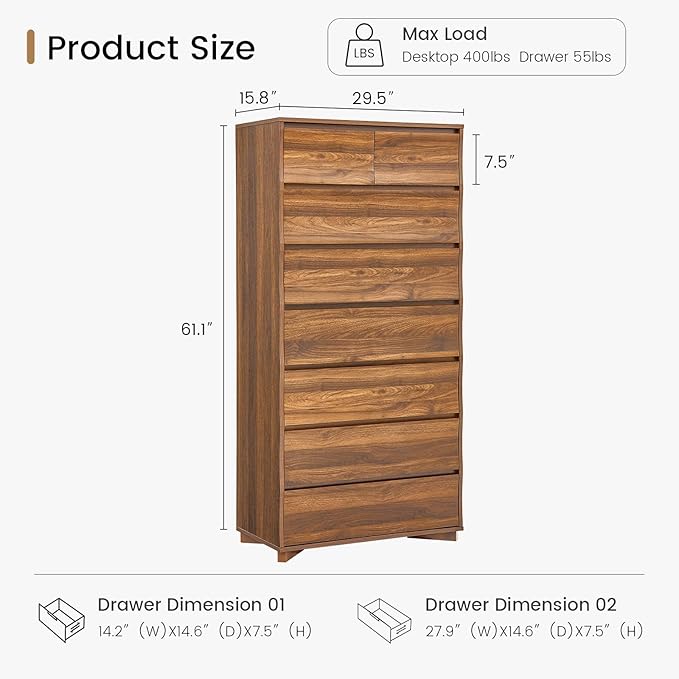 SUCSSRICH Tall Dresser for Bedroom, 61.1" Tall Dresser with 8 Drawers, Wood Dressers & Chests of Drawers, Accent Upright Drawer Organizers for Closet, Hallway