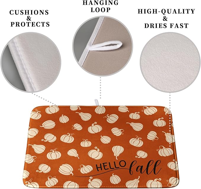 Hello Fall Drying Mat for Kitchen Counter Autumn Orange Pumpkin Dry Dish Mat Thanksgiving Absorbent Microfiber Dish Draining Washable Dish Drainer Rack Mat 16x18 Inch