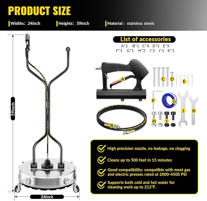 24''Pressure Washer Surface Cleaner,4500PSI Power Washer Surface Cleaner Attachment with Wheels,Dual Handle,Stainless Steel Housing, 3/8''Quick-Connect for Driveway Sidewalk Curb Deck Patio Cleaning
