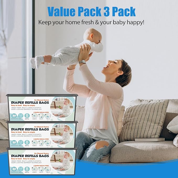 Diaper Pail Refills Bags with 30 Bags Compatible with Genie Easy Roll Signature and Platinum Diaper Pails, 7-Layer Odor-Barrier Technology, 3 Pack (90 Bag)
