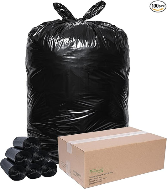 TYPLASTICS Heavy Duty 55-60 Gallon Trash Can Liners, 36" x 60", 1.2Mil, Black Garbage Bags, Multipurpose for Lawn, Leaf, Yard, Office, Outdoor, Gardening, Commercial and Industrial - Boxes of 100