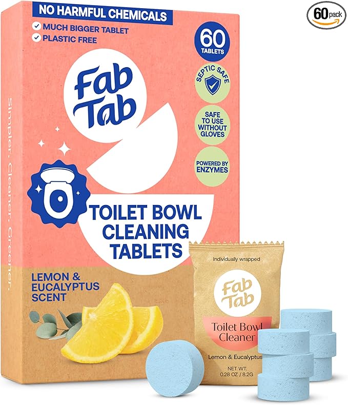 Fab Tab Bowl Cleaning Tablets - Drop-In Formula Removes Rust & Lime Buildup, Lemon Eucalyptus Scent, Septic System Compatible, Individually Wrapped